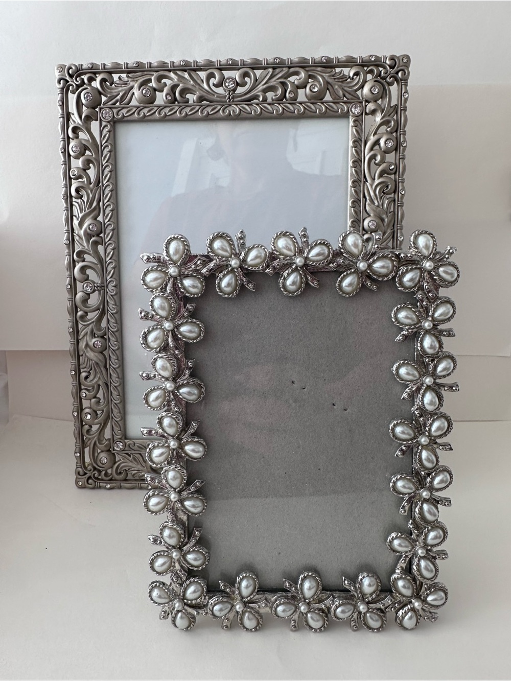 2 PHOTO FRAME Silver Ornate Metal Jewels~pearls  Holds 5x3.5 5X7